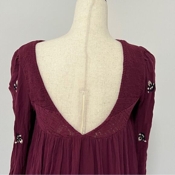 Free People Mohave A Line Swing Mini Dress XS Plum Oversized Deep V Back - Picture 13 of 16